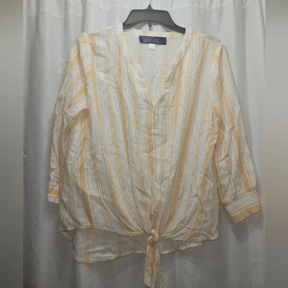 Blue Rain Women's Top White Yellow Striped 3/4 Sleeve Tie-Front Blouse!